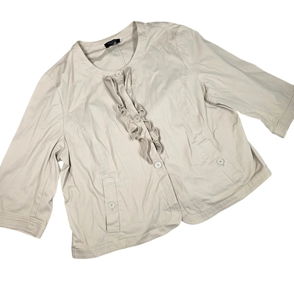 Talbots Jacket Khaki Blazer‎ Beige Ruffle 3/4 Sleeve 22W Classic Neutral Preppy